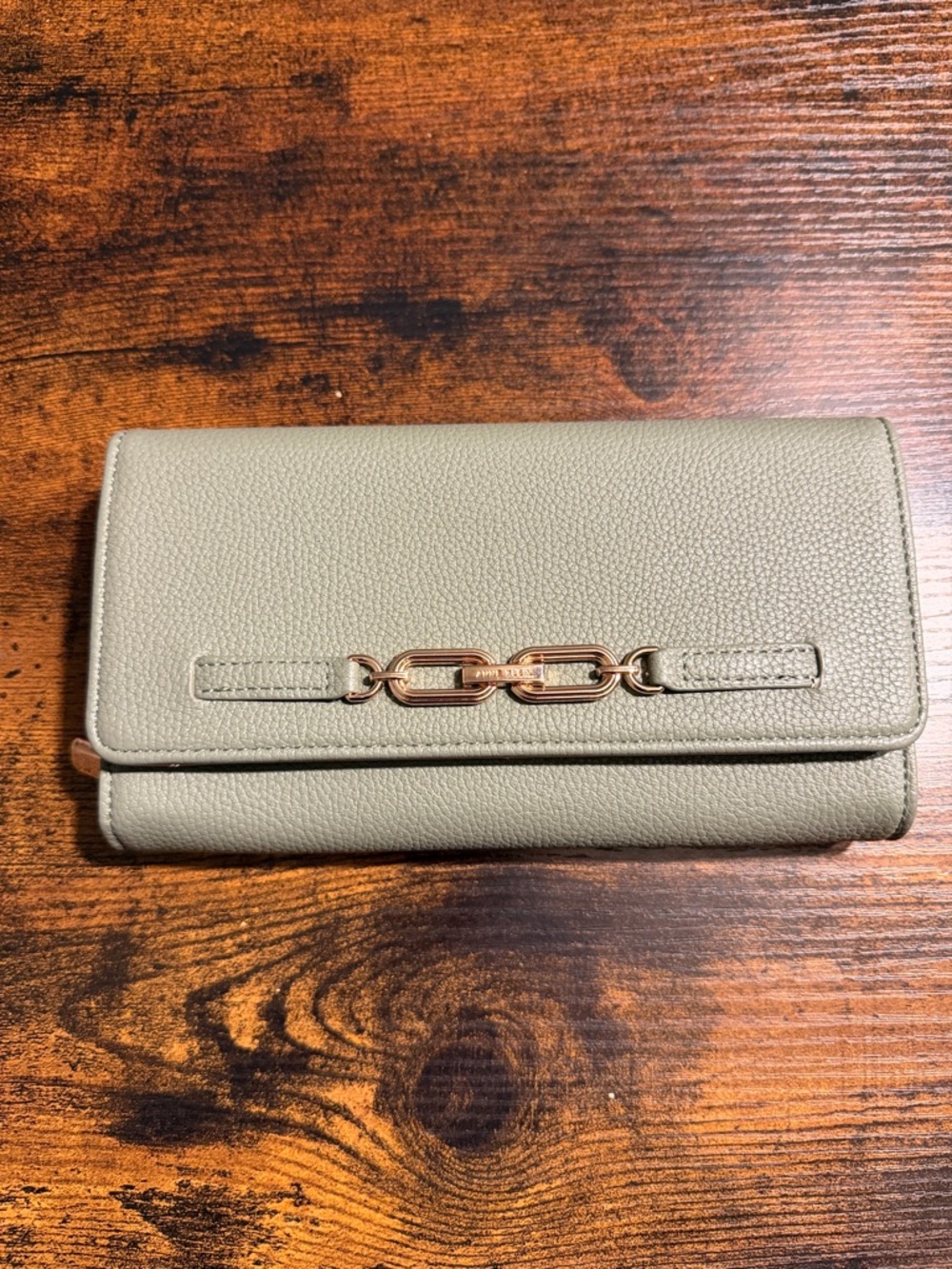 Anne Klein Sage Green Pebbled Leather Horsebit Flap Wallet